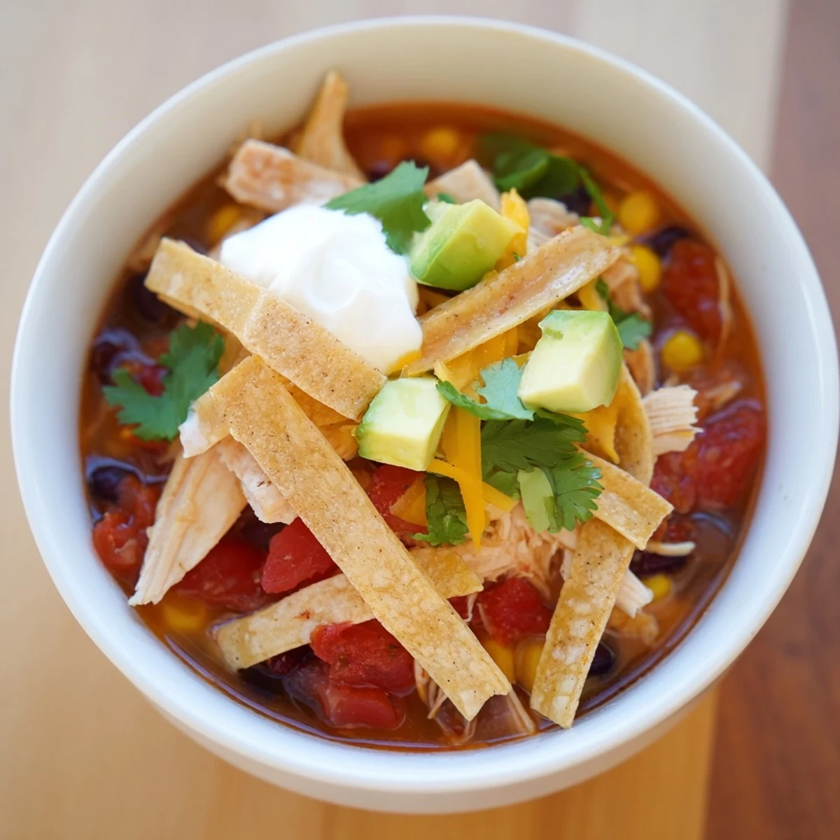 Golden bowl of classic chicken tortilla soup topped with crispy tortilla strips and fresh cilantro