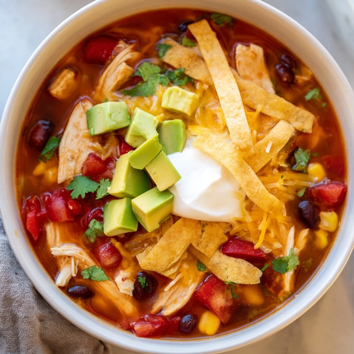 Hearty classic chicken tortilla soup simmering with tender chicken, black beans, corn, and vibrant red peppers
