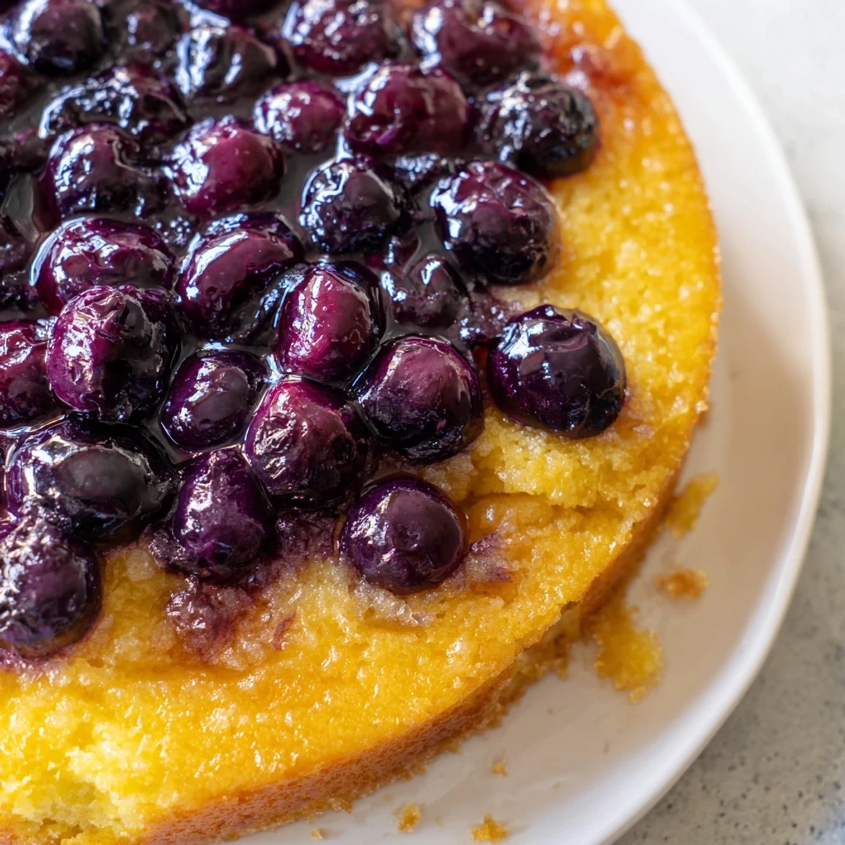 Golden blueberry upside down cake topped with caramelized berries and served on a white plate