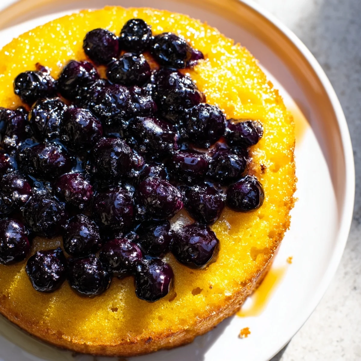Fresh baked blueberry upside down cake showing bubbling purple fruit beneath golden cake surface