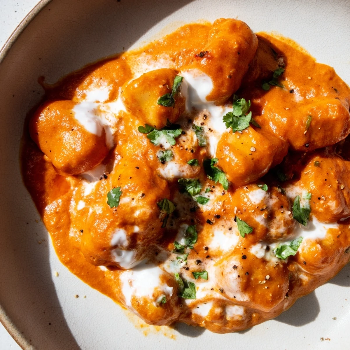 Creamy Tikka Masala Gnocchi featuring pillowy potato dumplings smothered in aromatic spiced tomato sauce
