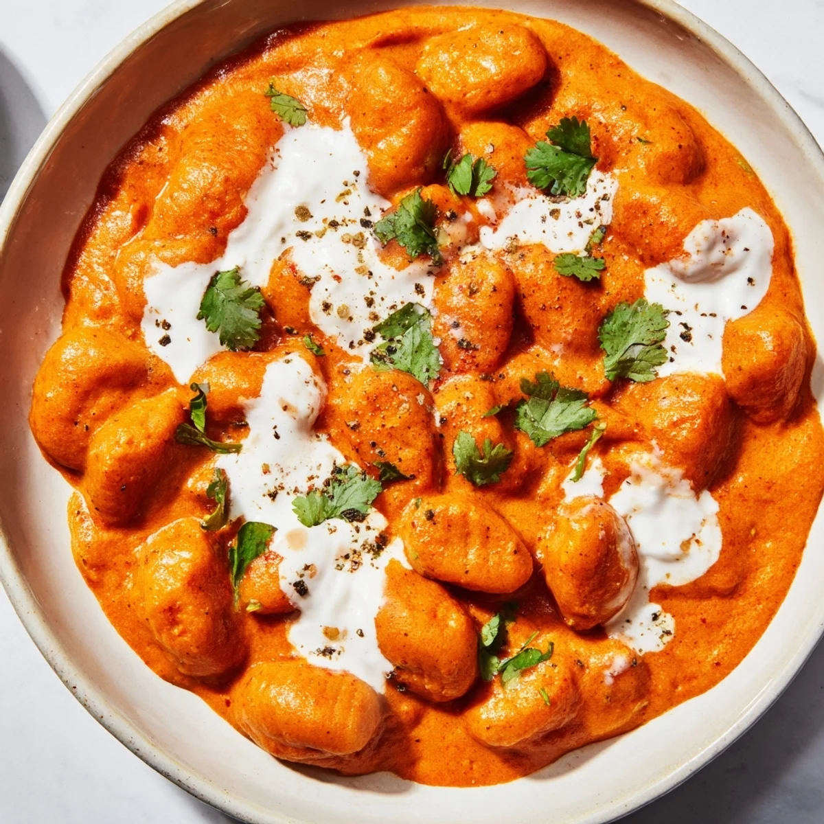 Golden potato gnocchi swimming in rich Indian-inspired curry sauce with fresh cilantro garnish