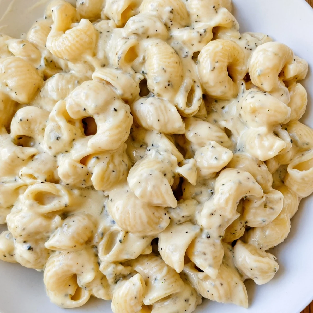Steaming plate of garlic and herb Boursin mac and cheese with melted cheddar sauce