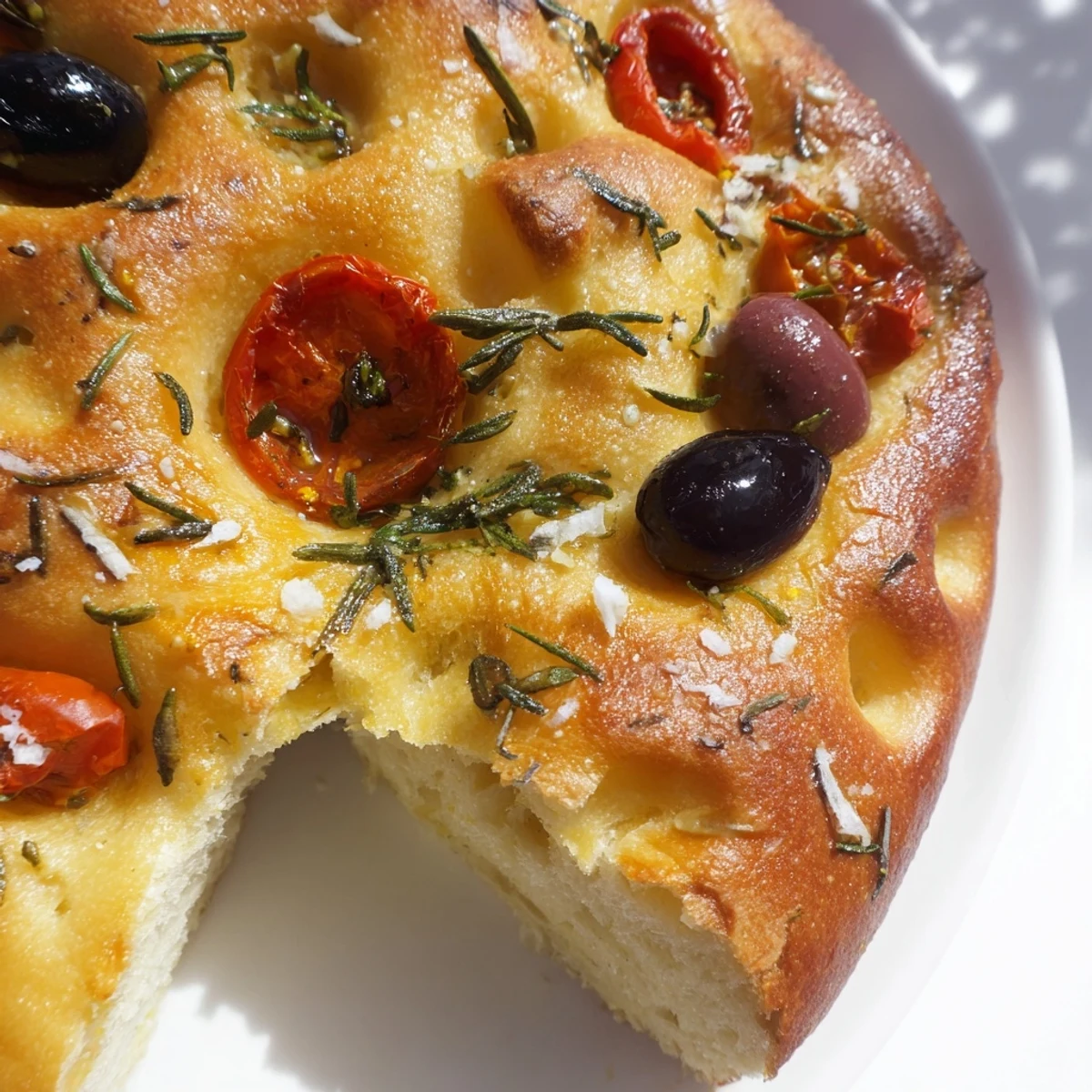 Golden crispy mini focaccia topped with rosemary, sea salt, and cherry tomatoes on a wooden board