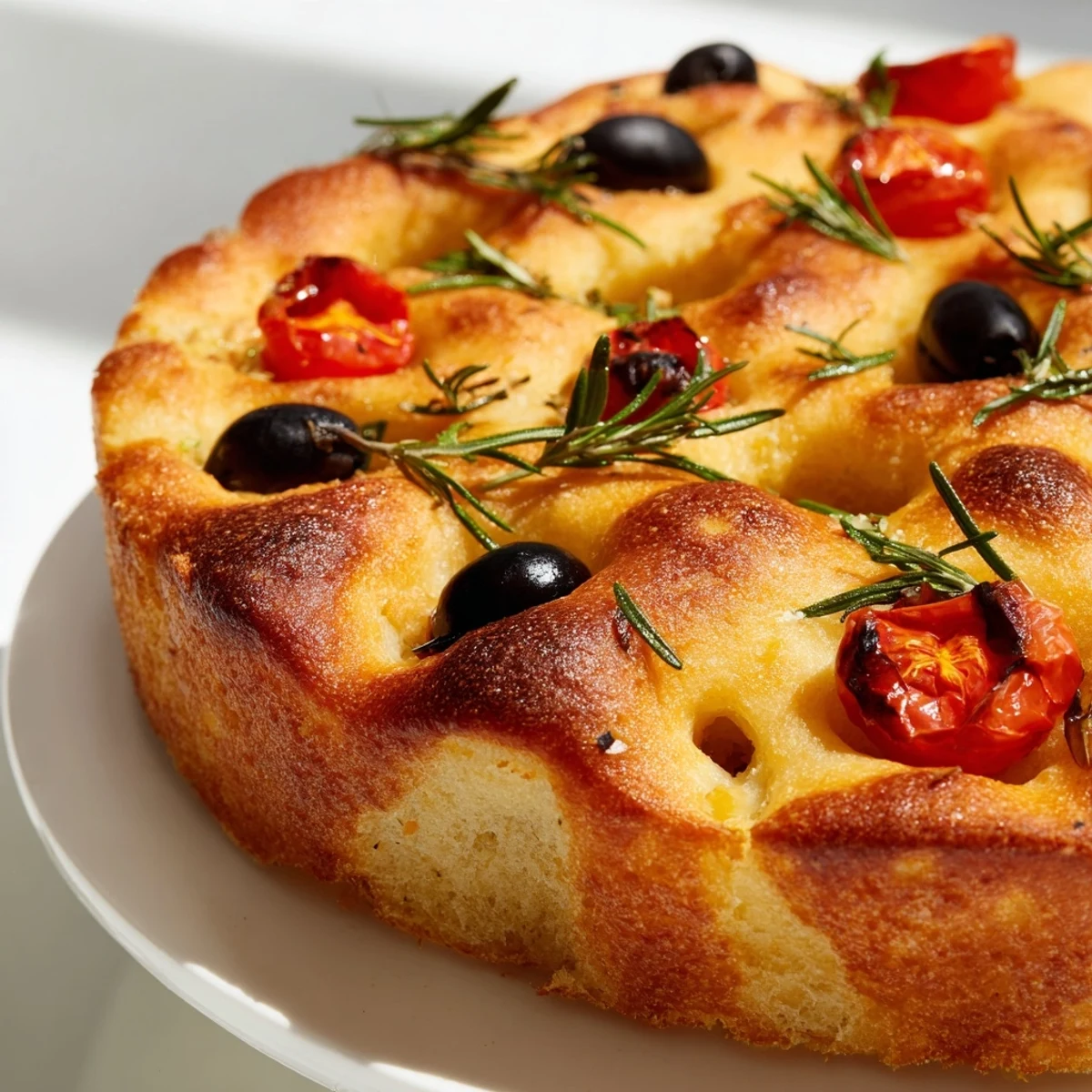 Warm individual focaccia breads with fluffy interior and dimpled crust garnished with fresh herbs