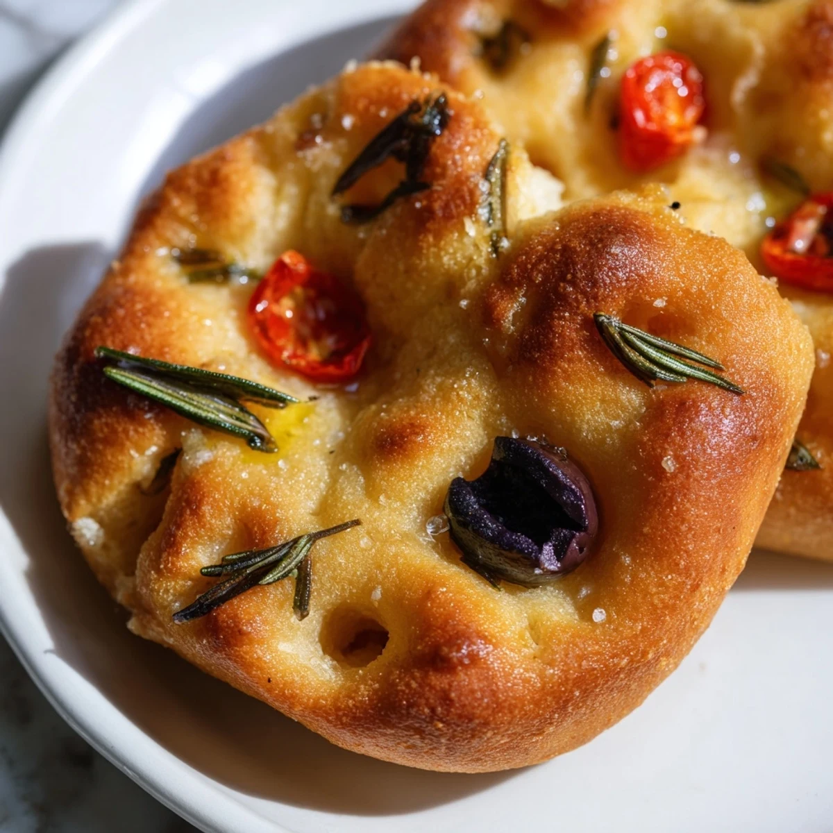 Baked Italian mini focaccia squares sprinkled with flaky salt and rosemary ready for serving
