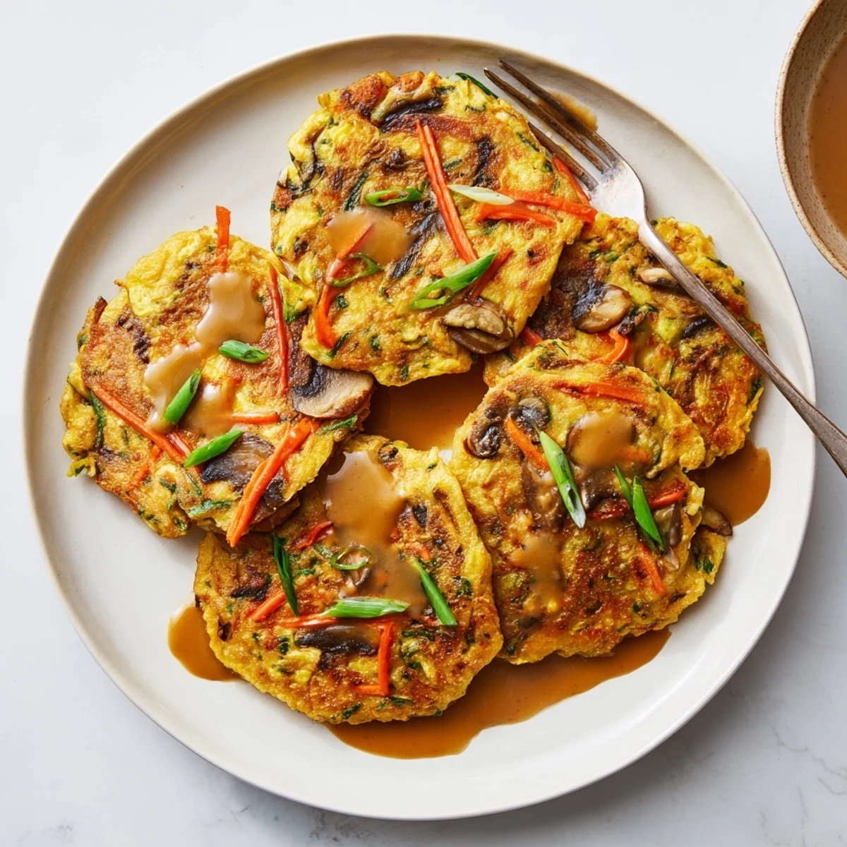 Chinese-style Egg Foo Young served steaming hot with thick brown gravy sauce