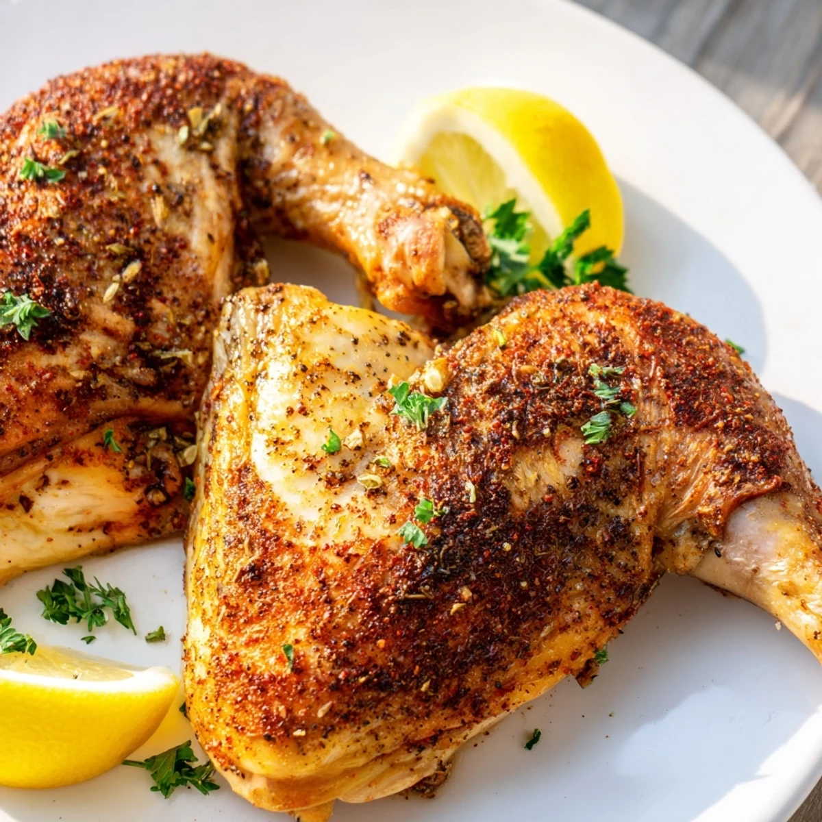 Golden baked chicken leg quarters with crispy seasoned skin resting on a wire rack