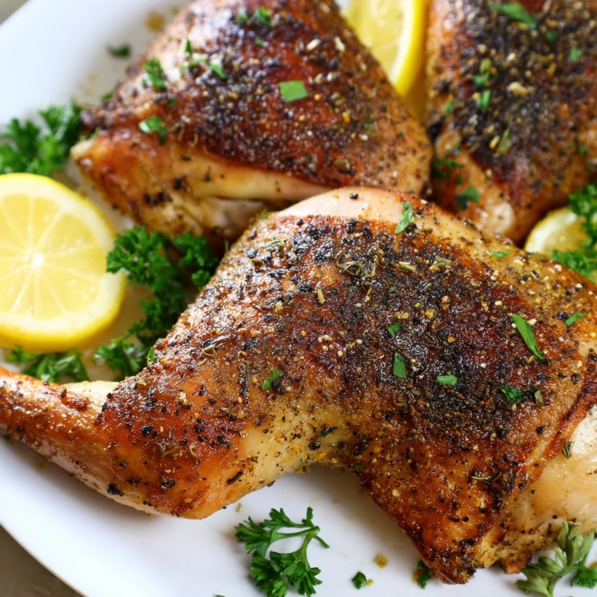 Juicy oven roasted chicken leg quarters with deep golden brown crispy skin glistening with oil