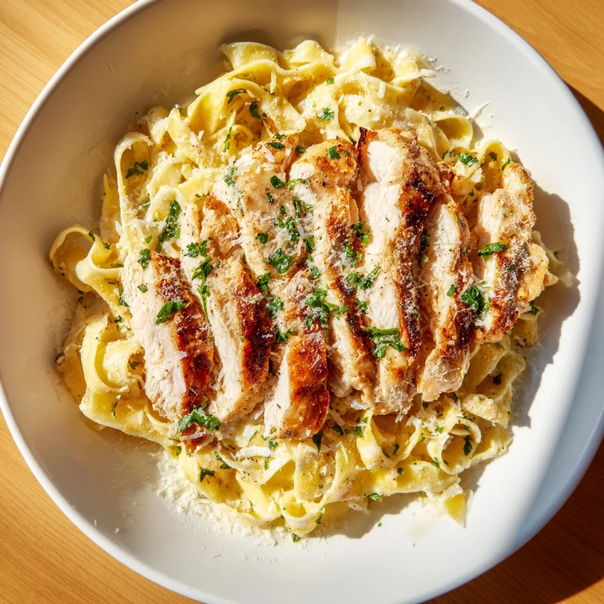Golden brown chicken breasts resting on glossy buttered noodles topped with fresh parsley in a deep skillet