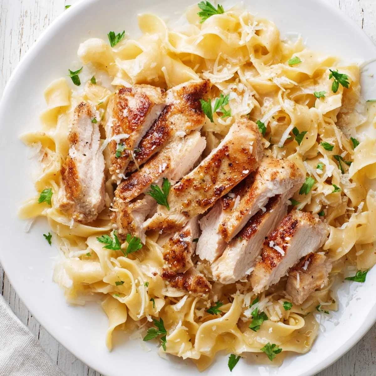Comforting one pan chicken with buttered noodles garnished with chopped parsley on a white dinner plate