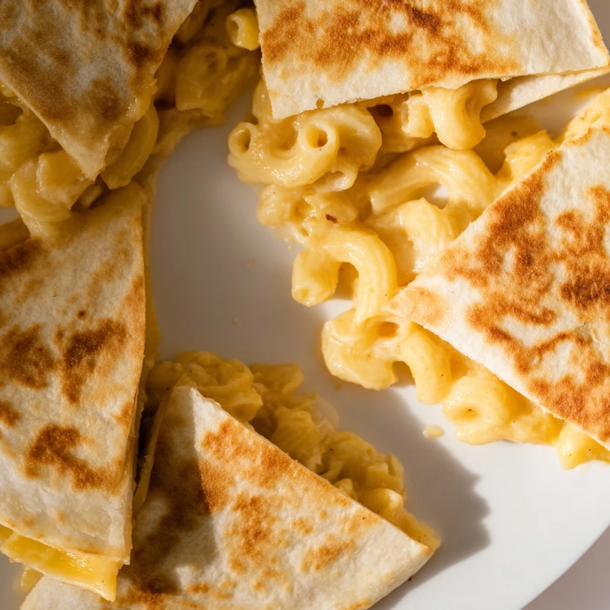 Pan-fried mac and cheese quesadilla with golden spotted tortilla and gooey cheese center