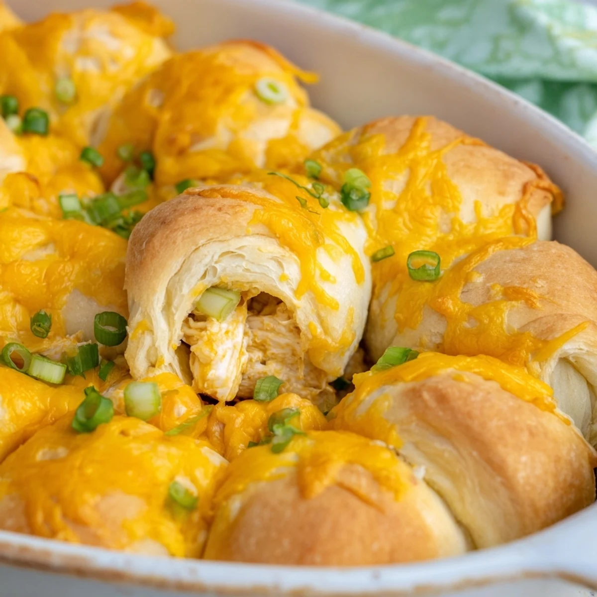 Golden brown cheesy chicken crescent bake bubbling with melted cheese on a white serving plate