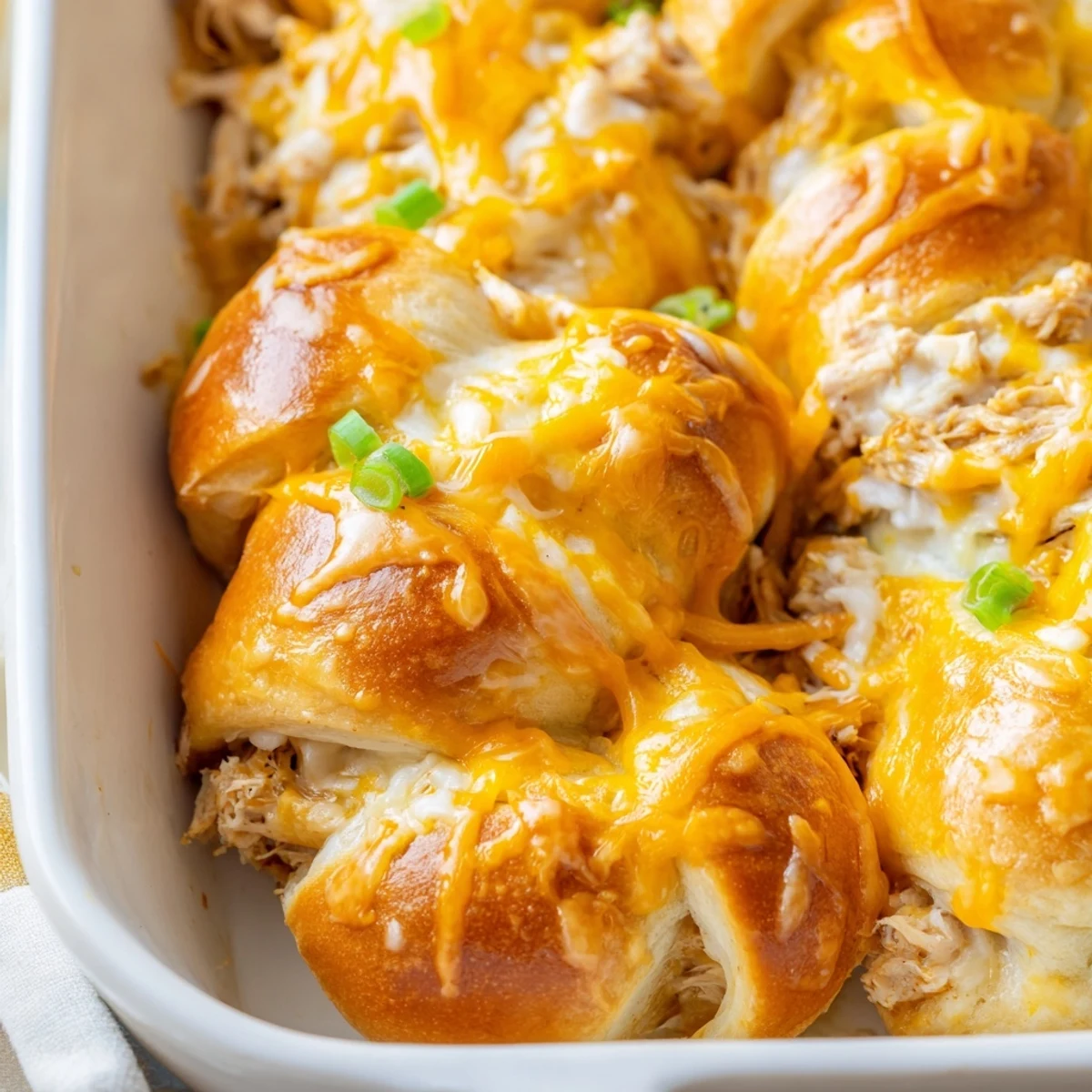 Flaky crescent rolls stuffed with creamy chicken and cheddar cheese filling fresh from the oven