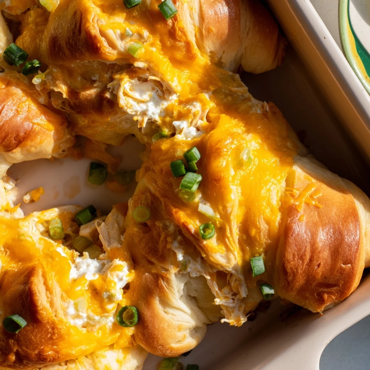 Family-friendly cheesy chicken crescent bake casserole with golden pastry tops and gooey cheese layers