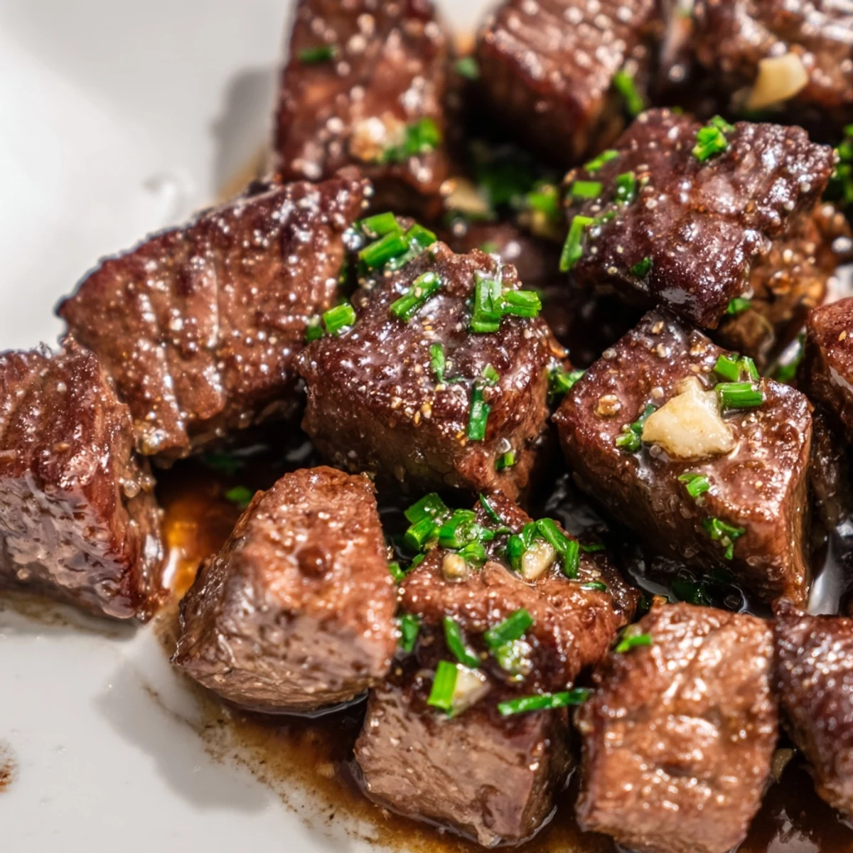 Golden seared cowboy butter steak bites coated in zesty garlic herb sauce