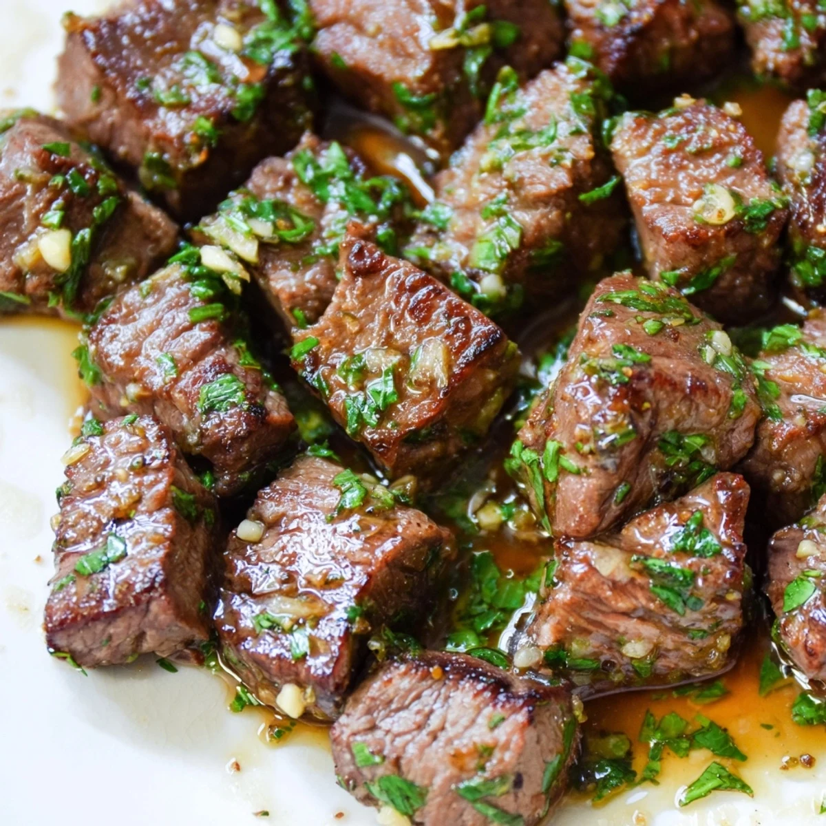 Tender steak bites tossed in melted butter with fresh parsley and red pepper