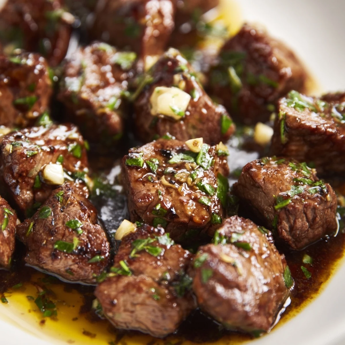 Sizzling skillet of cowboy butter steak bites drizzled with lemon garlic sauce