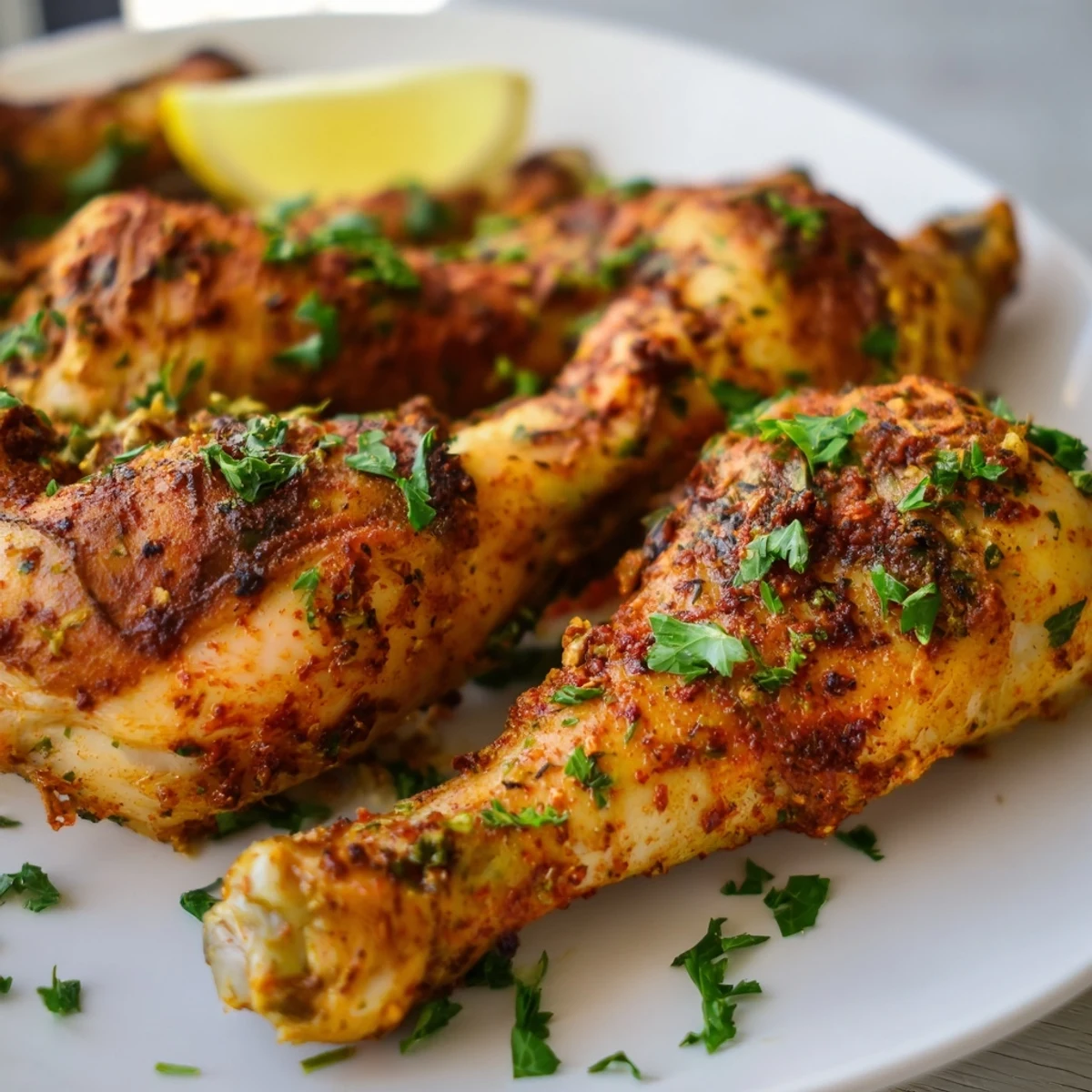 Golden oven baked chicken legs with crispy seasoned skin resting on a wire rack