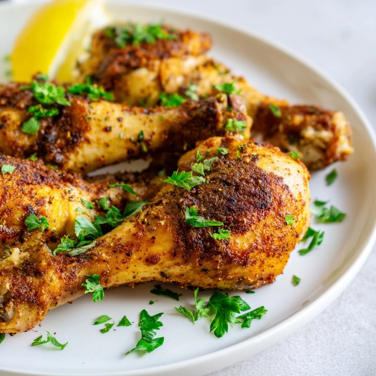Juicy oven baked chicken legs garnished with fresh parsley and lemon wedges on a white plate