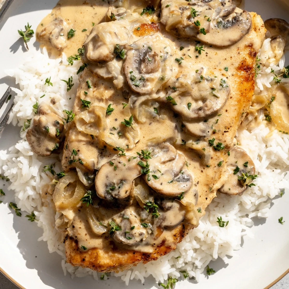 Golden pan-seared chicken breasts swimming in rich parmesan sauce over fluffy white rice
