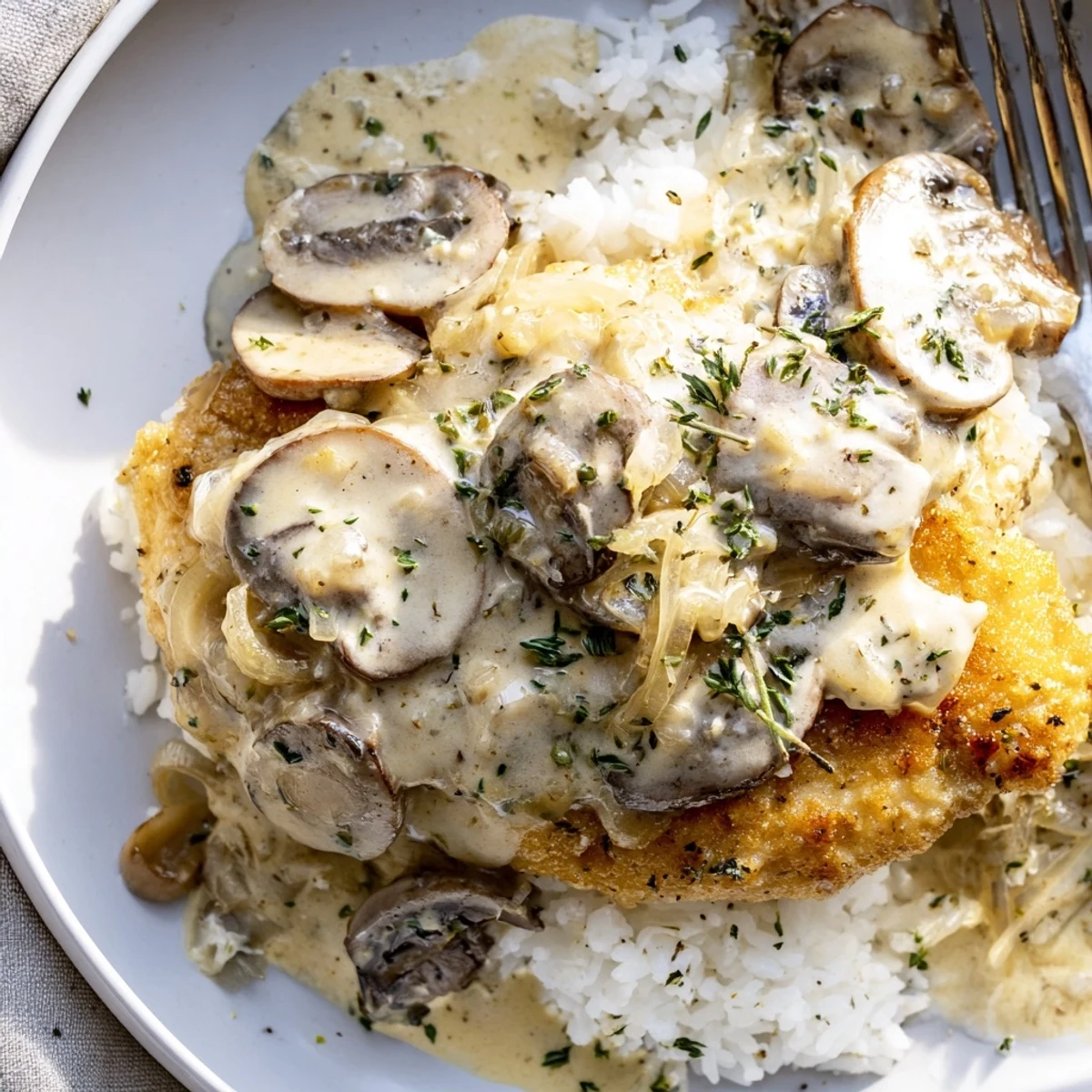 Tender smothered chicken and rice plated with creamy mushroom gravy and fresh parsley garnish