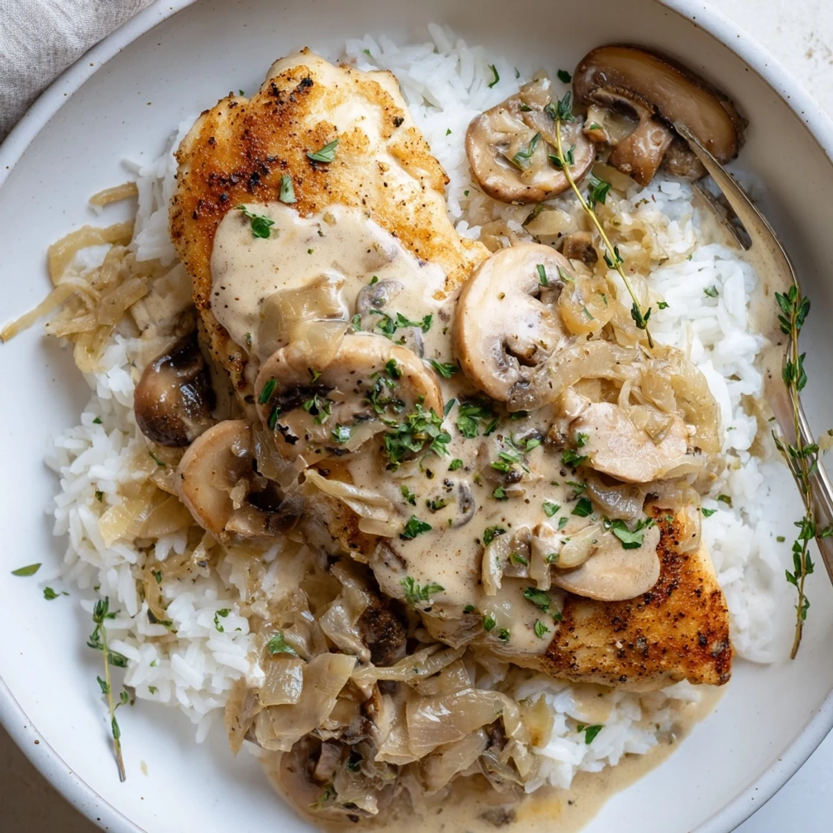 Comforting bowl of creamy smothered chicken and rice with steam rising from the savory sauce
