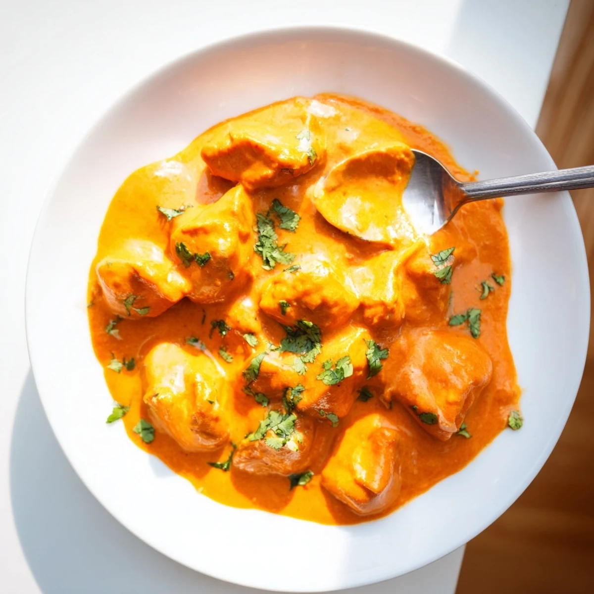 Tender butter chicken pieces swimming in rich orange tomato cream sauce garnished with fresh cilantro