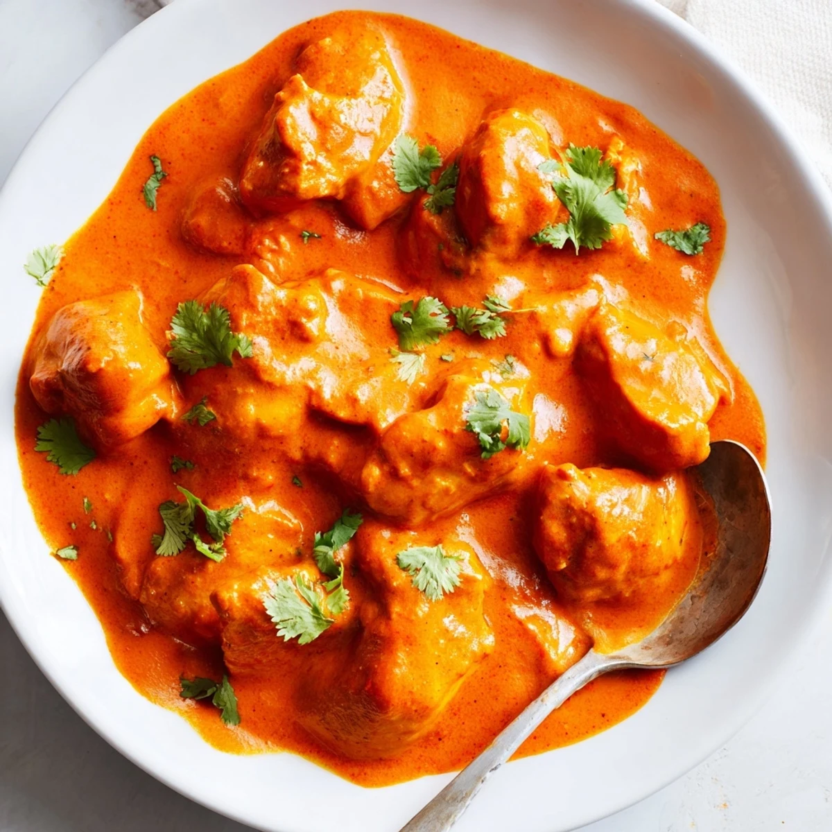 Creamy Indian butter chicken served over fluffy white rice with steaming naan bread on the side