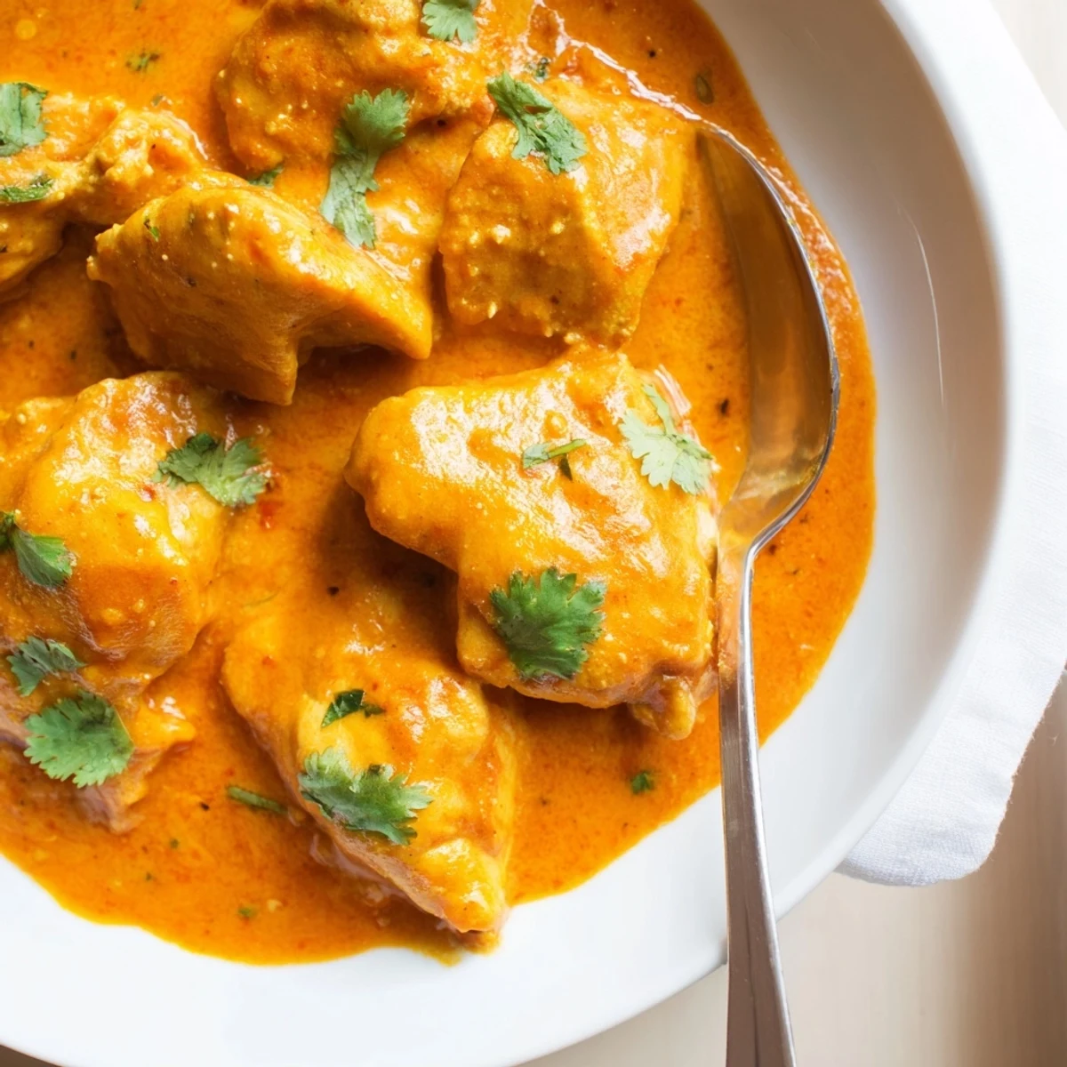 Golden grilled chicken thighs simmered in velvety spiced butter sauce topped with green cilantro leaves