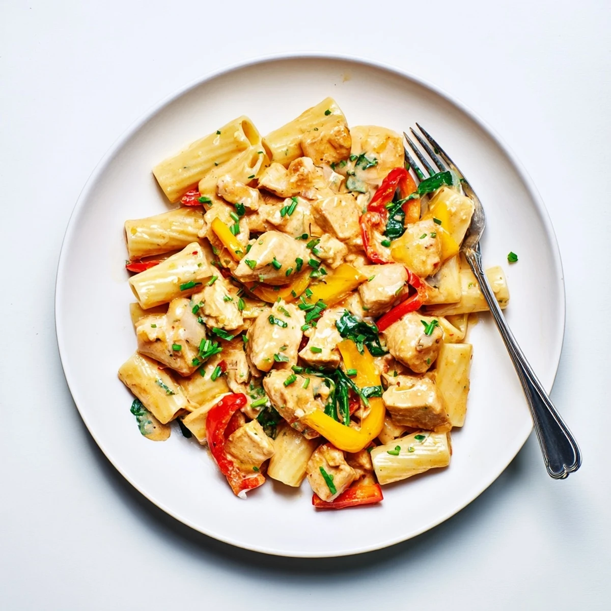 Creamy cowboy butter chicken pasta tossed with colorful peppers and fresh herbs in a rich zesty sauce