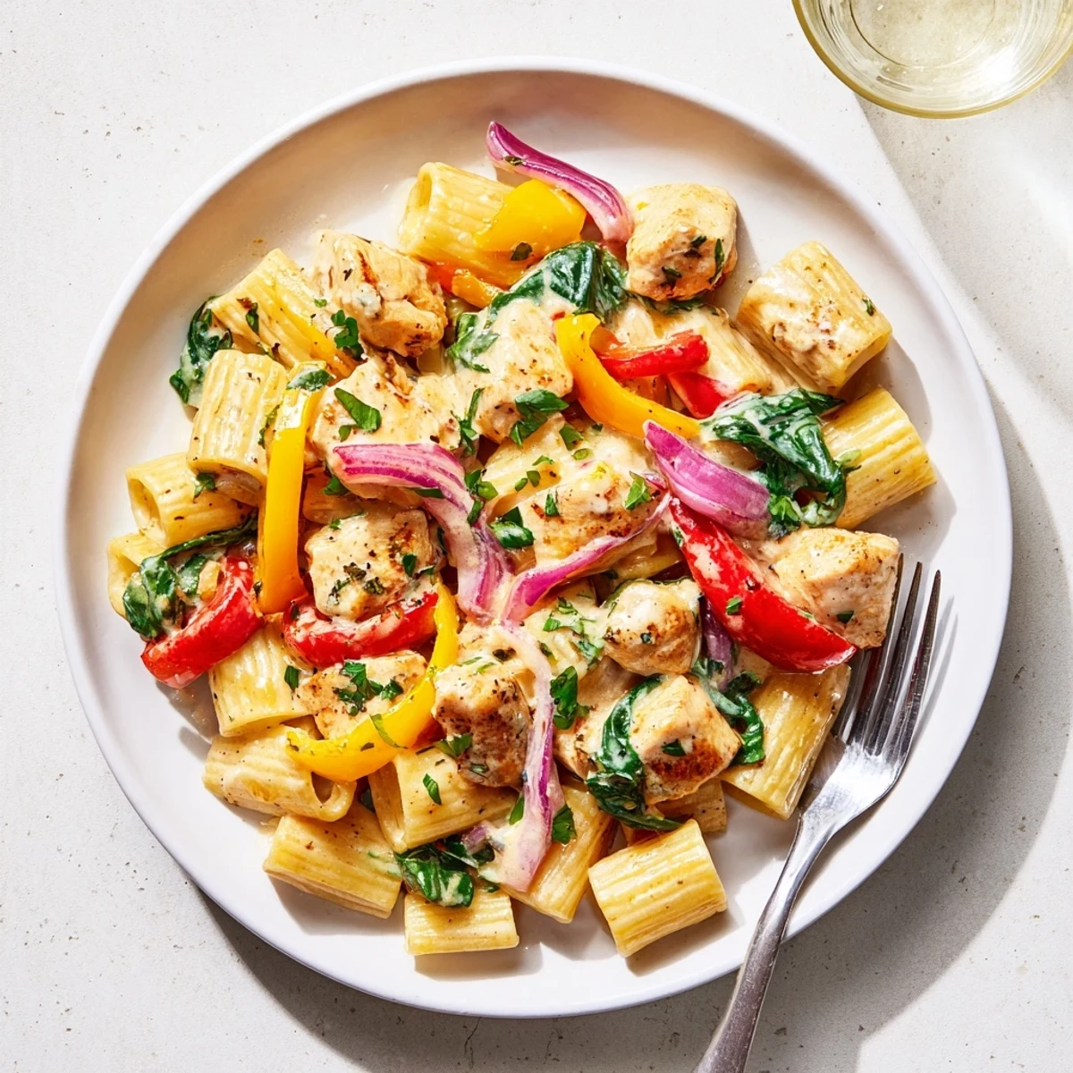 Golden chicken pieces and vibrant vegetables coated in thick cowboy butter sauce over perfectly cooked penne pasta
