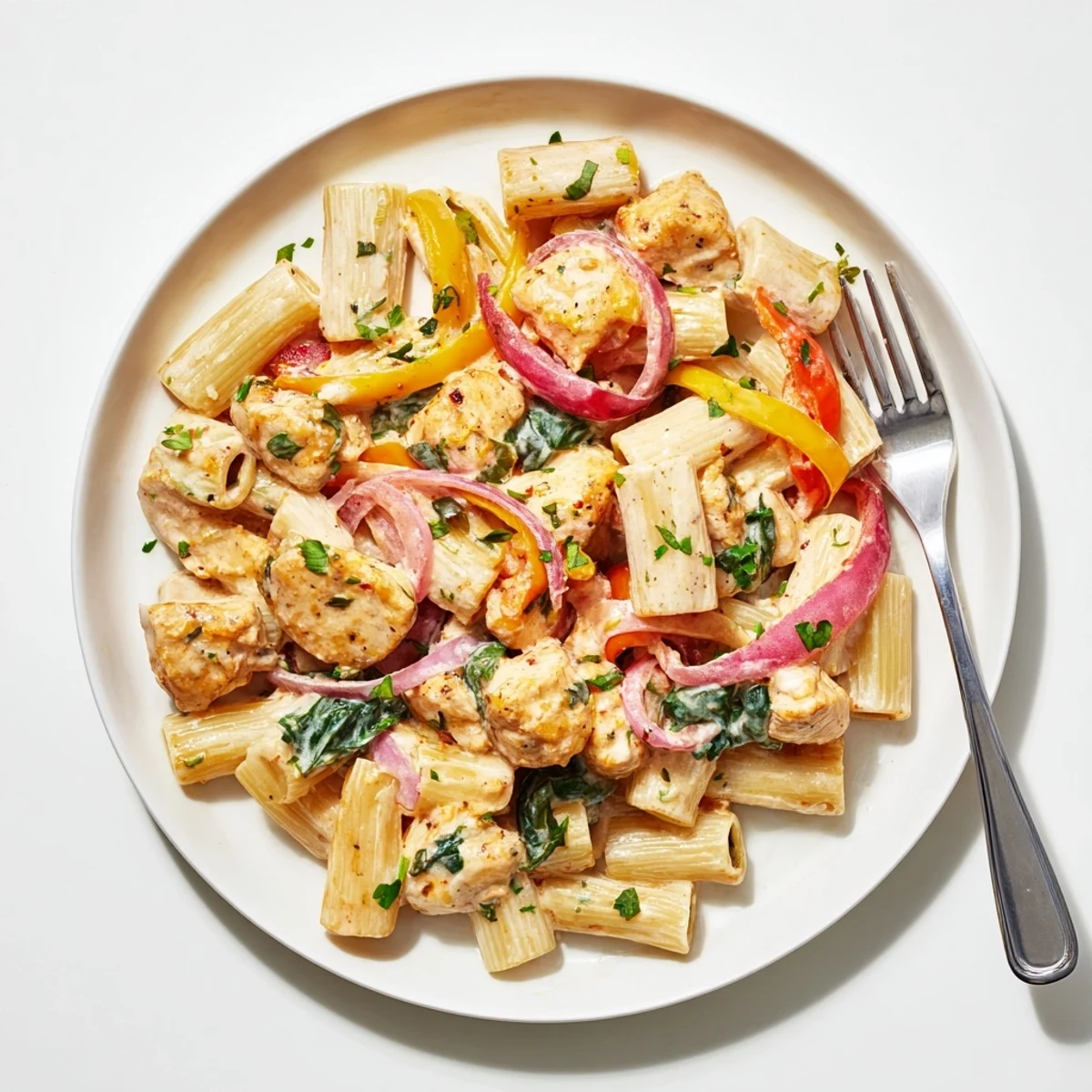 Steaming bowl of cowboy butter chicken pasta featuring tender meat wilted spinach and savory parmesan cream sauce