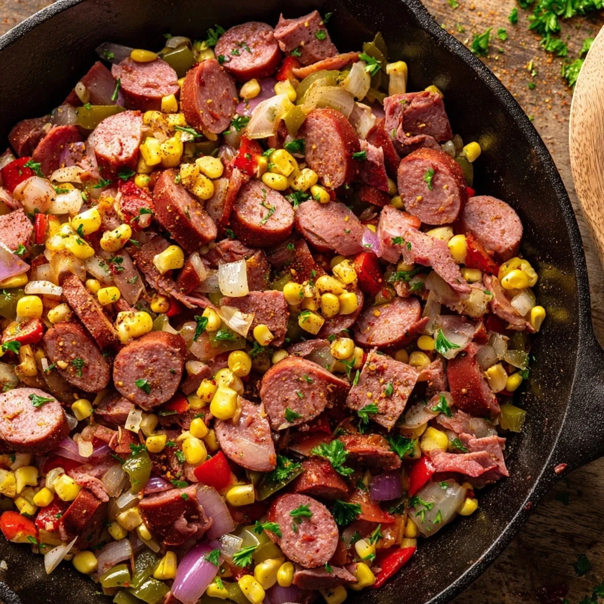 Hearty one-pan Cajun corned beef and sausage dinner topped with fresh parsley and zesty spices