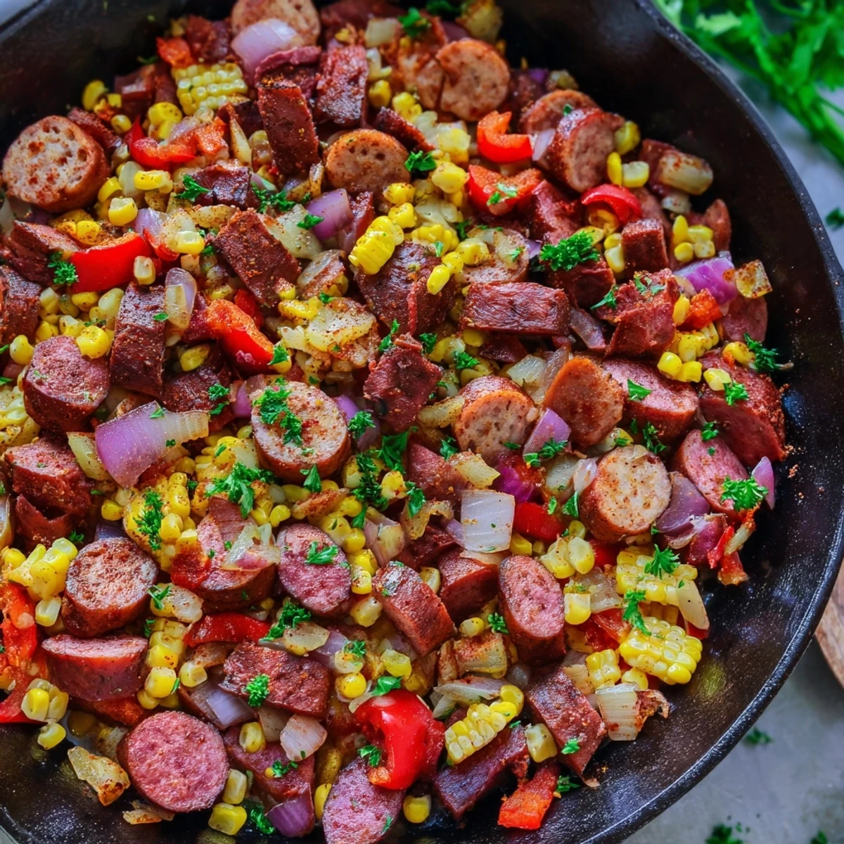 Golden Cajun corned beef and sausage skillet sizzling with colorful bell peppers and sweet corn kernels