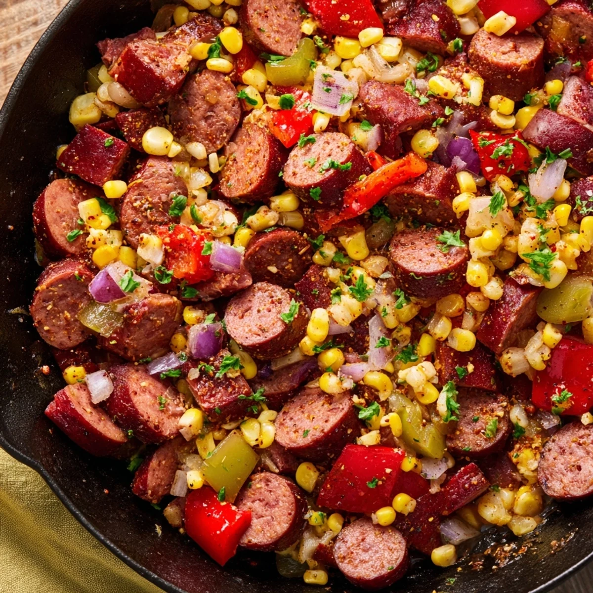Steamy Cajun corned beef and sausage skillet featuring smoky andouille, crisp vegetables, and savory spices
