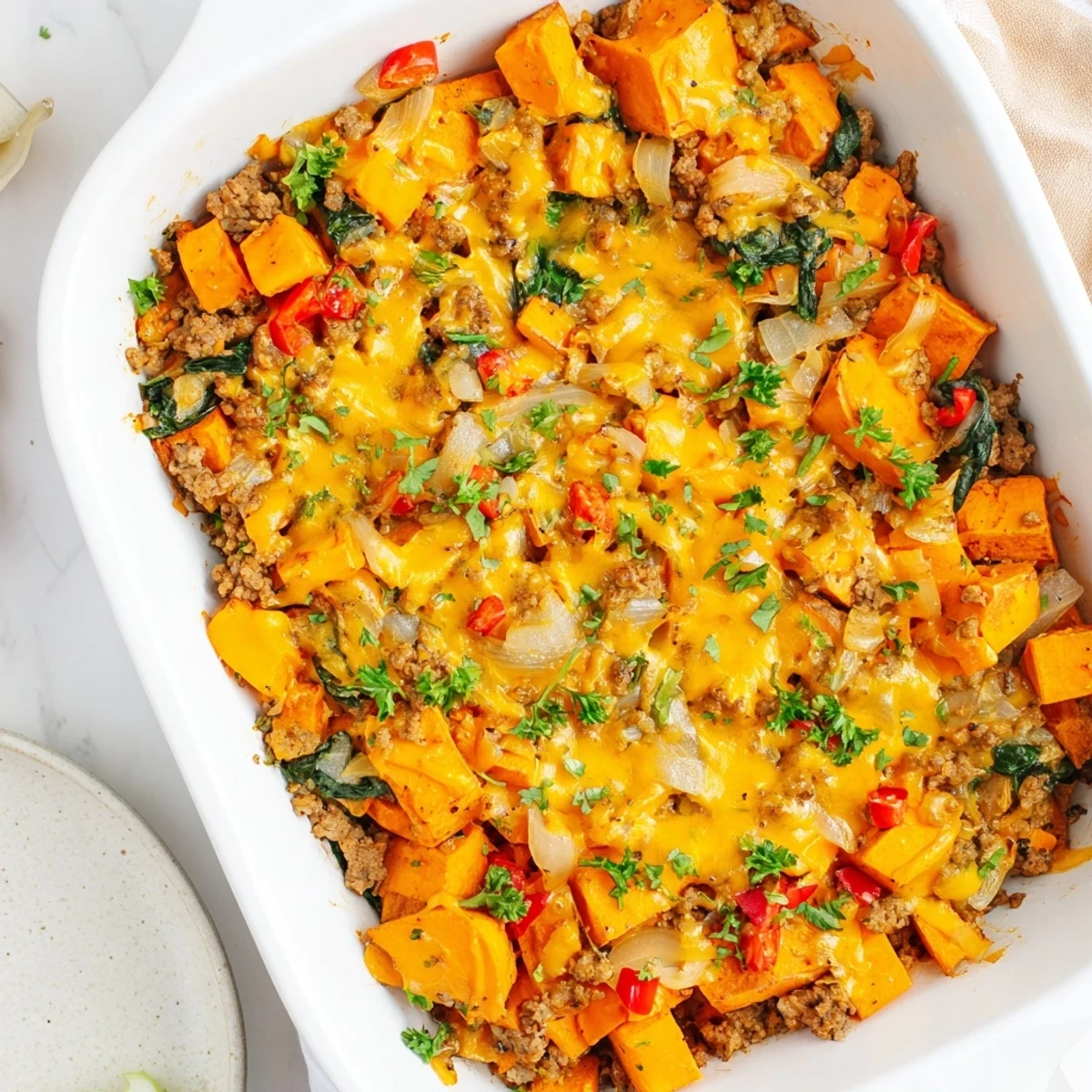 Hearty casserole dish featuring seasoned turkey, cubed sweet potatoes, and melted cheddar