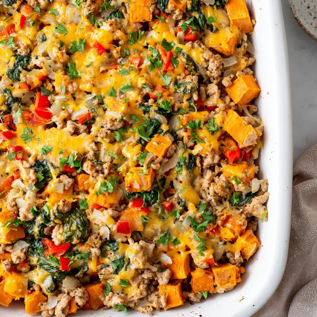 Golden cheese-topped savory ground turkey sweet potato bake with tender vegetables