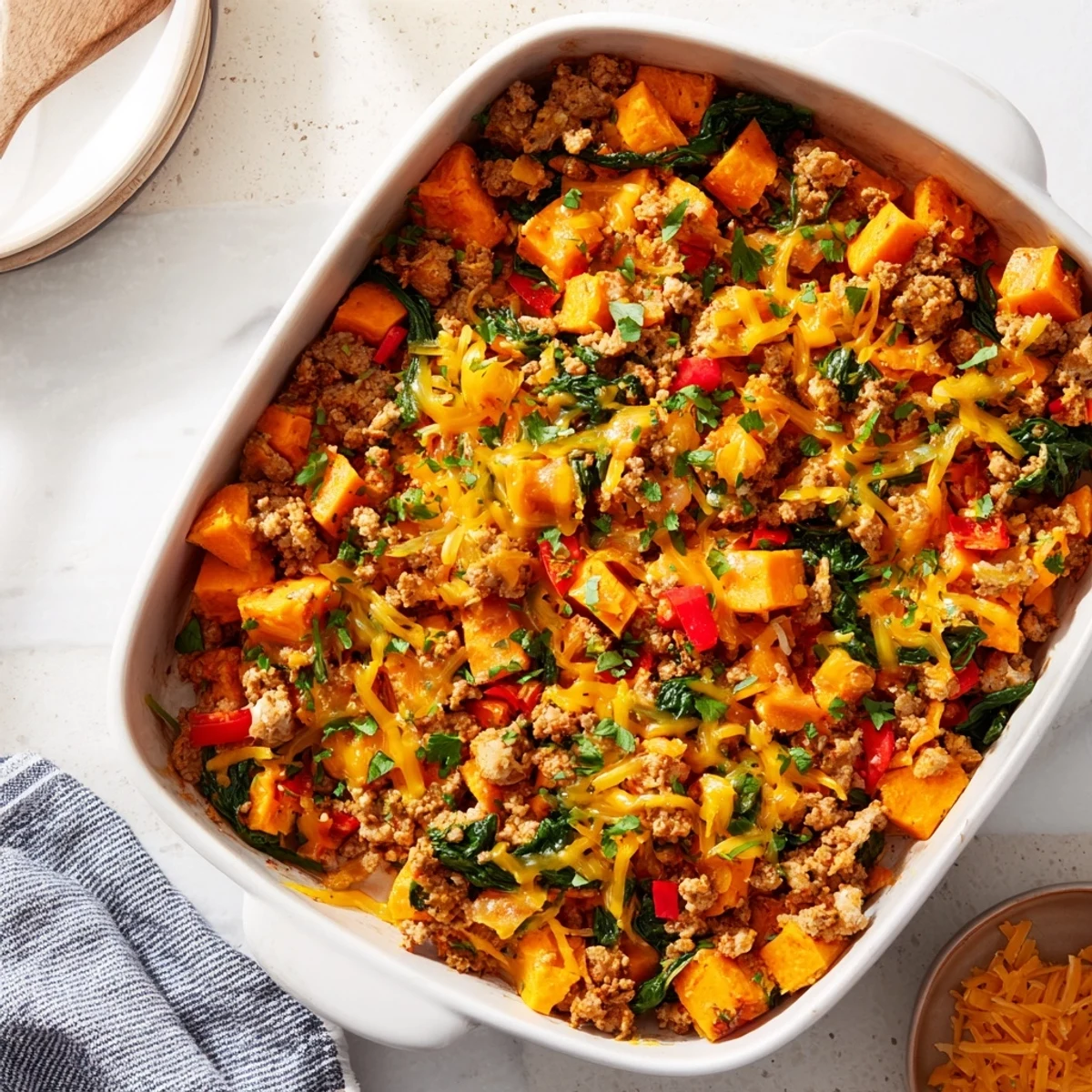 Baked ground turkey sweet potato casserole with colorful vegetables and bubbly cheese topping