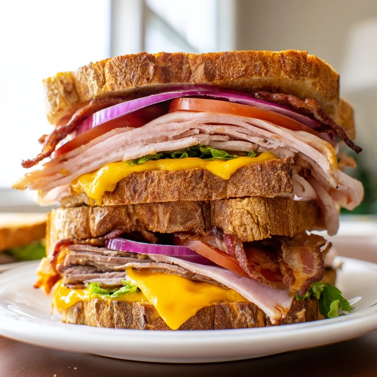 Ultimate turkey beef bacon ranch sandwich stacked high with melted cheese, crispy bacon, fresh lettuce, and ripe tomato slices on toasted sourdough bread