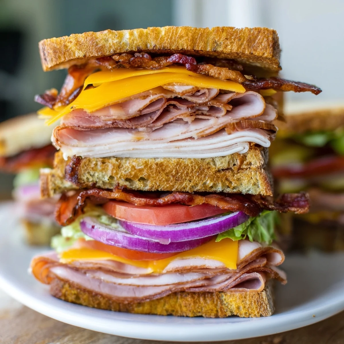 Hearty ultimate turkey beef bacon ranch sandwich on a wooden board with pickle spears, showcasing golden toasted bread and overflowing savory meat layers