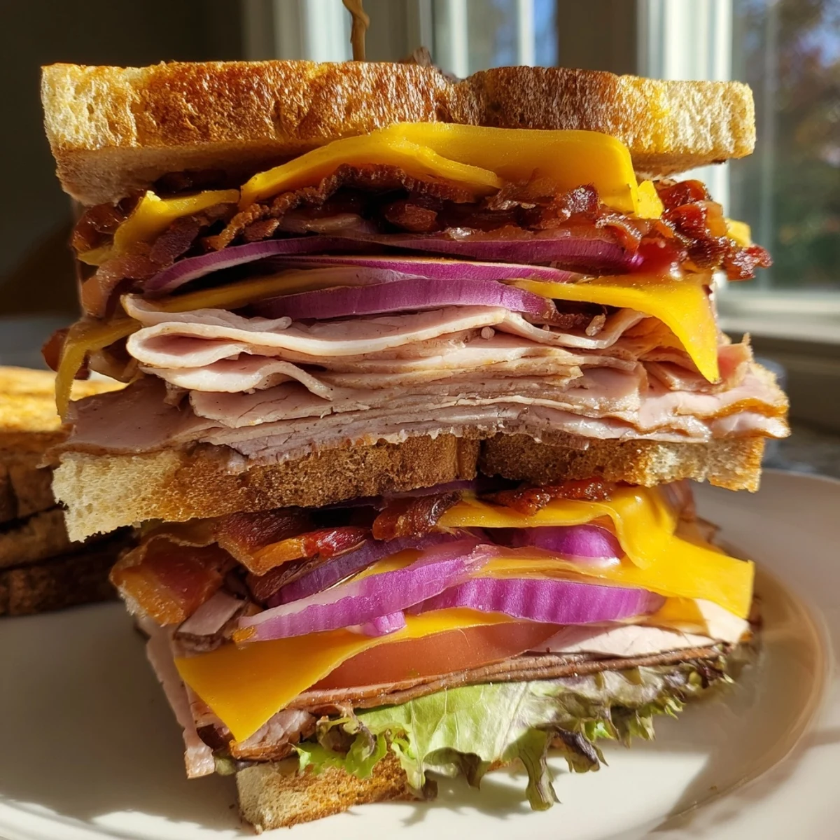 Turkey beef bacon ranch sandwich cut in half revealing layers of deli meats, Swiss and cheddar cheese, red onion, and creamy ranch dressing