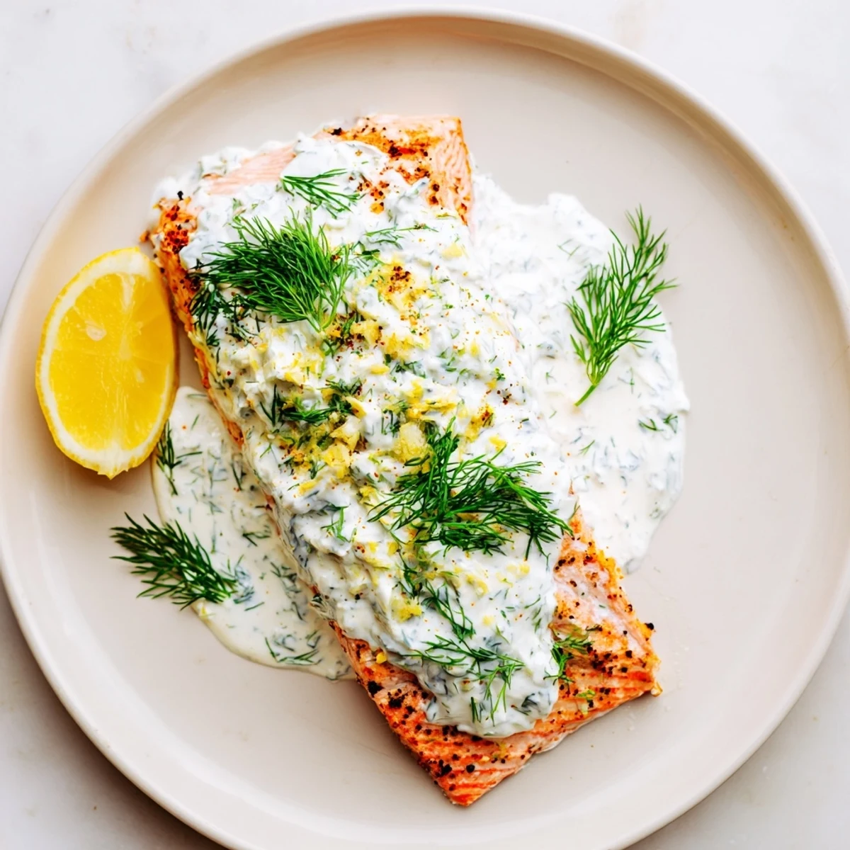 Flaky salmon fillets drizzled with zesty lemon dill yogurt and fresh herb garnish