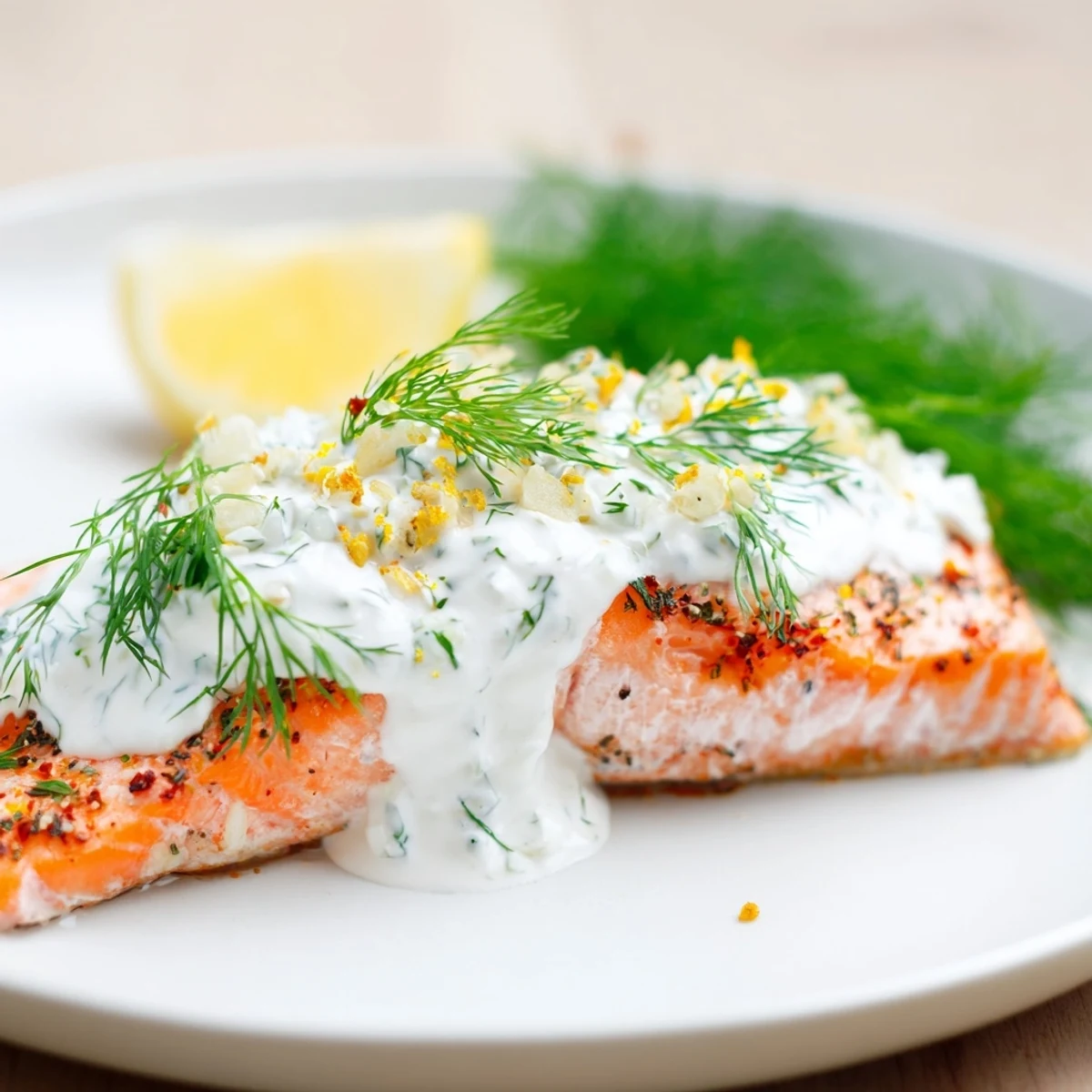 Golden oven-roasted Mediterranean salmon topped with creamy lemon dill yogurt sauce