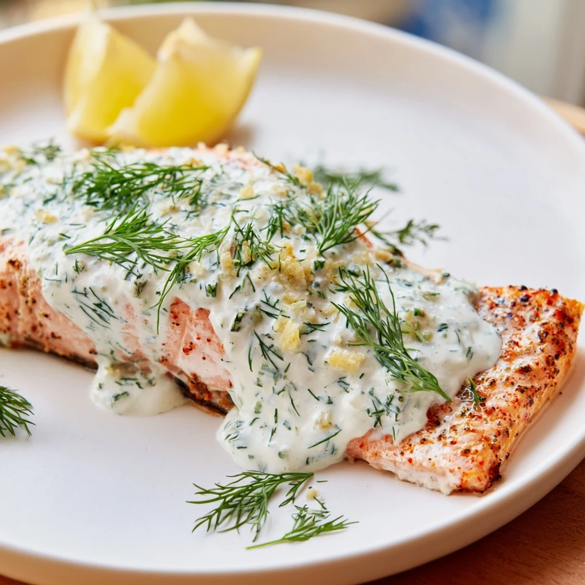Healthy Mediterranean salmon served with tangy Greek yogurt sauce and lemon wedges