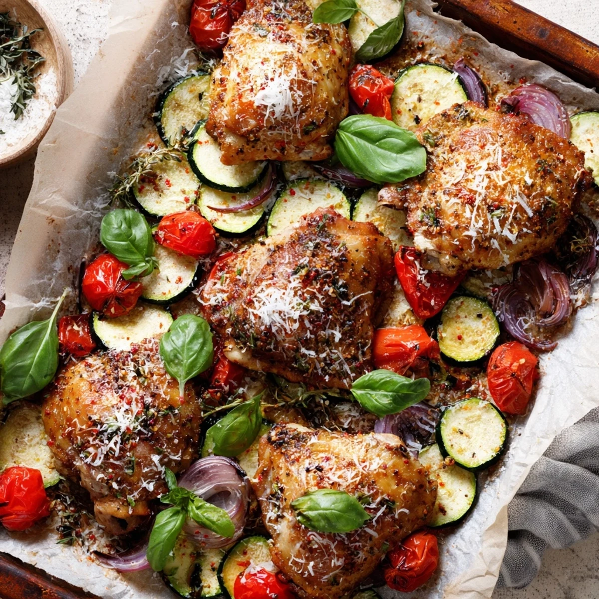 Baking sheet filled with marinated chicken breasts surrounded by tender zucchini slices and halved cherry tomatoes