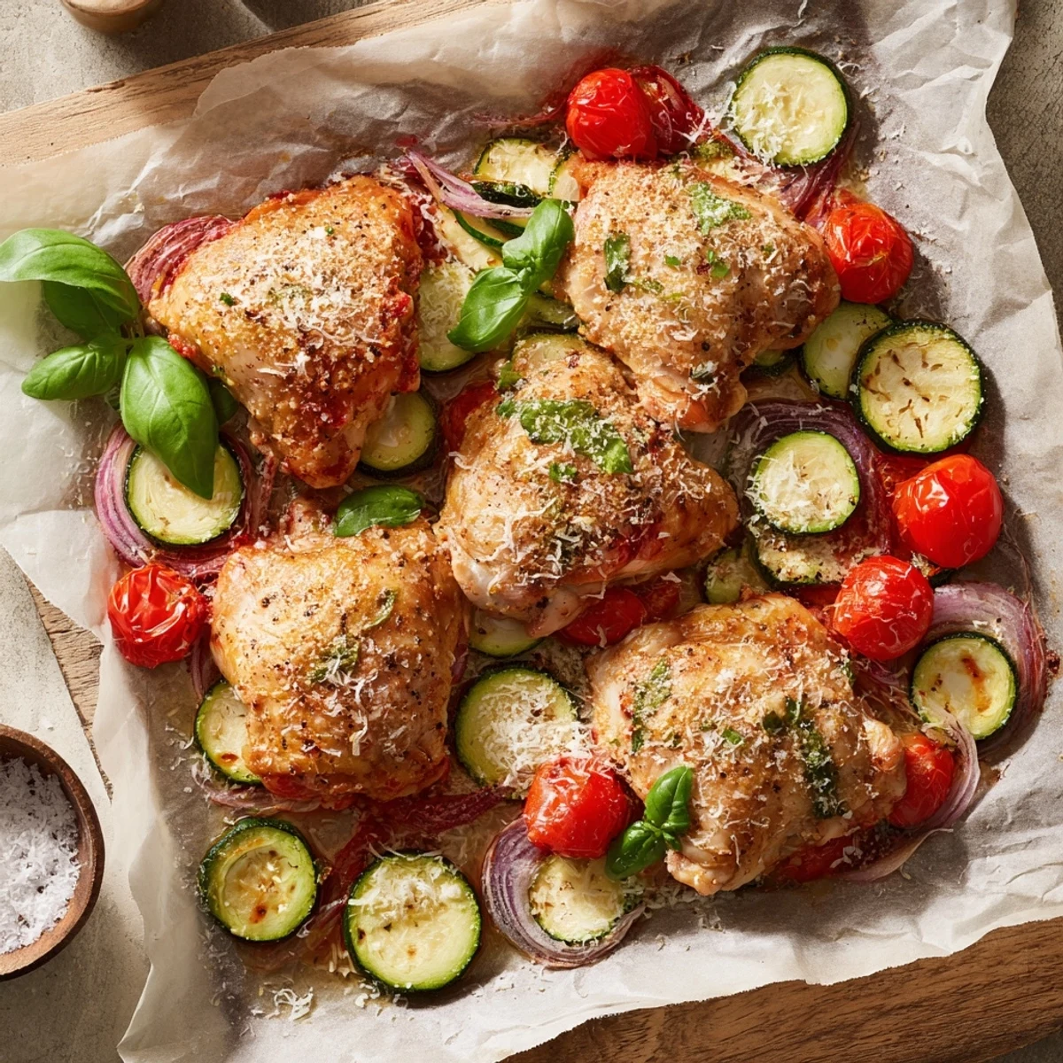 Golden roasted Sheet Pan Italian Chicken with zucchini and tomatoes garnished with fresh basil and Parmesan