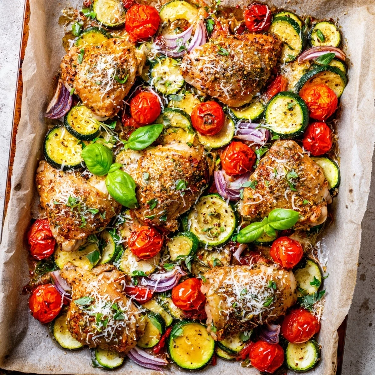 One-pan dinner showing juicy Italian herb chicken roasted with colorful vegetables and melted cheese topping