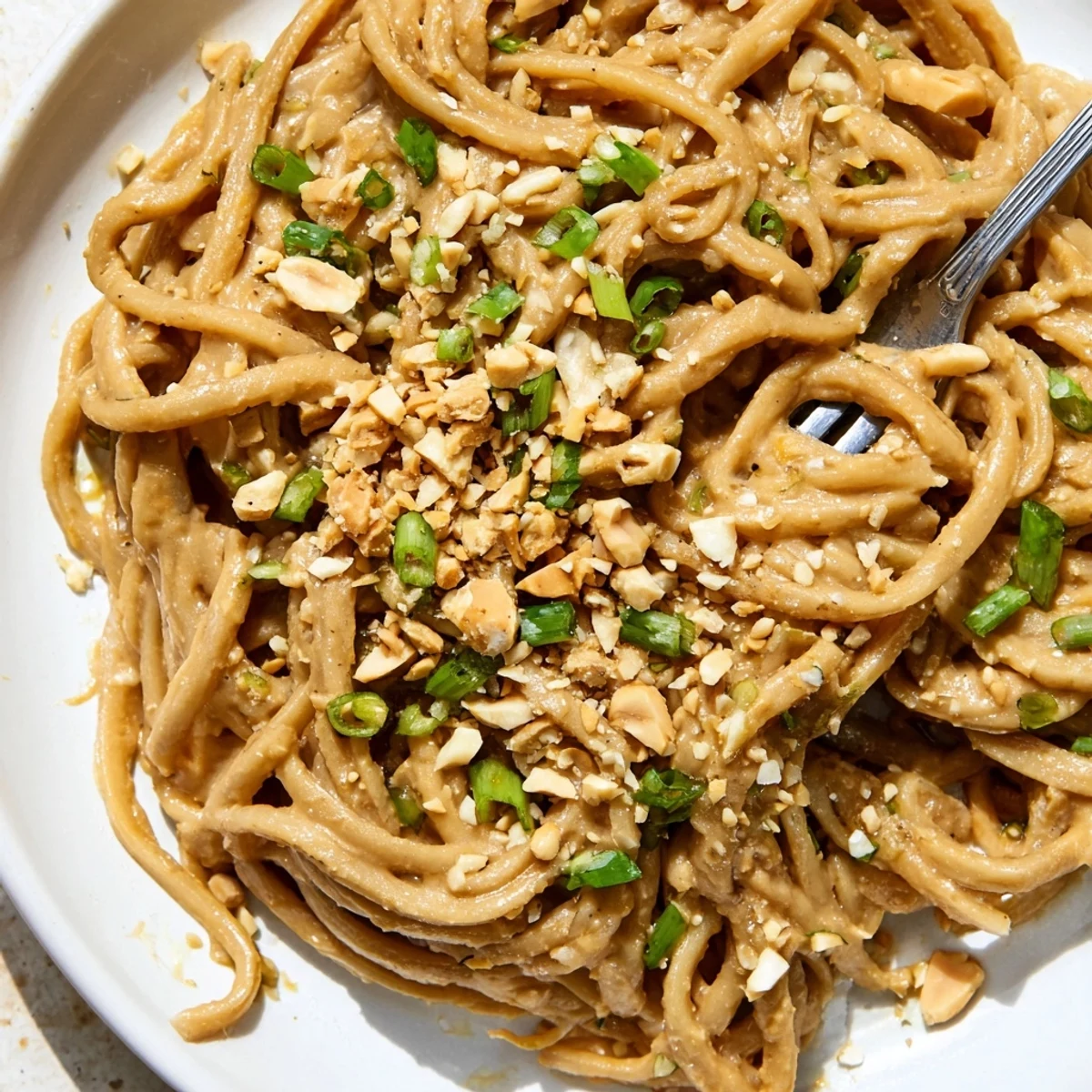 Close-up of sticky peanut butter noodles tossed in glossy sauce with chopped peanuts and sesame seeds