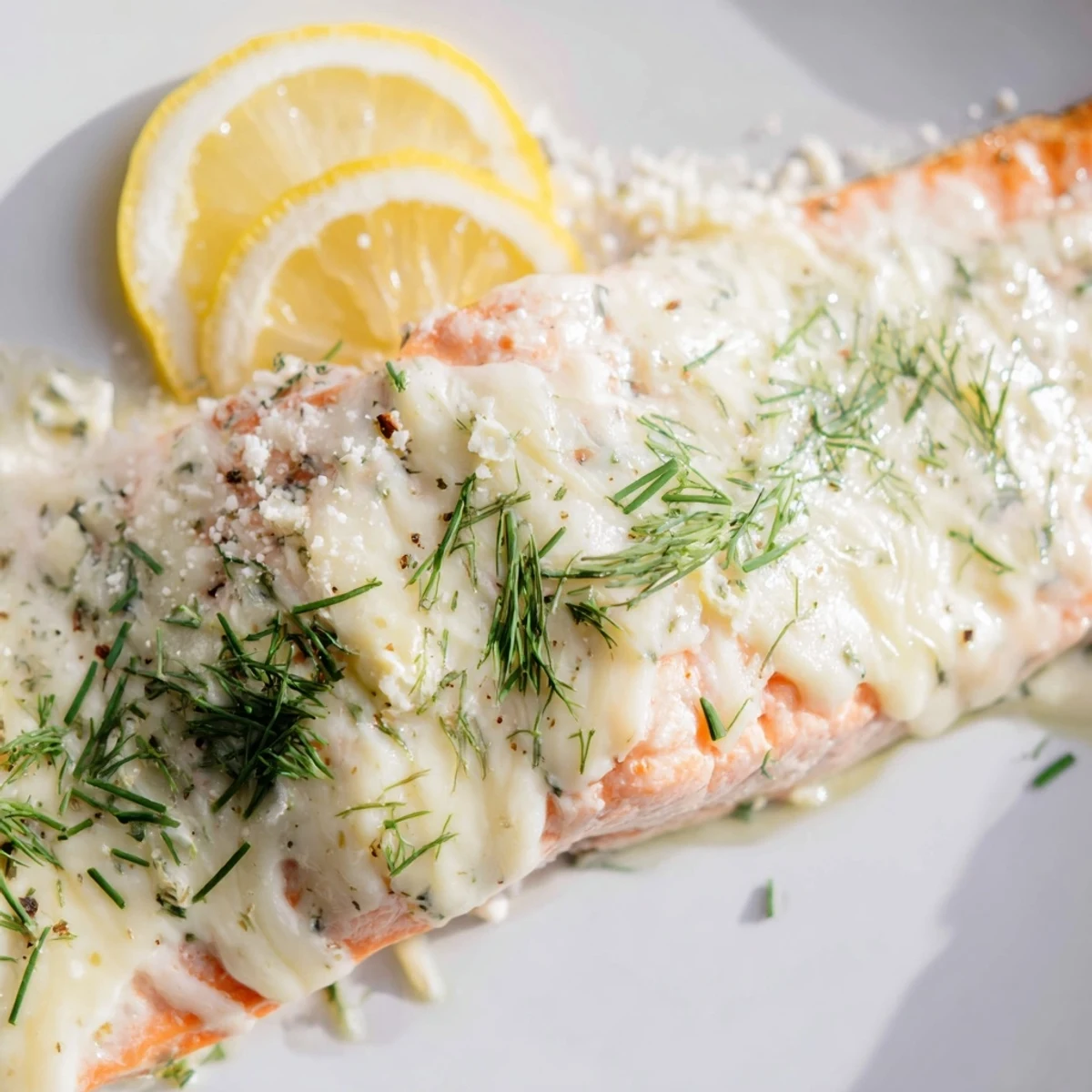 Golden baked Boursin salmon topped with melted herb cheese and fresh lemon slices